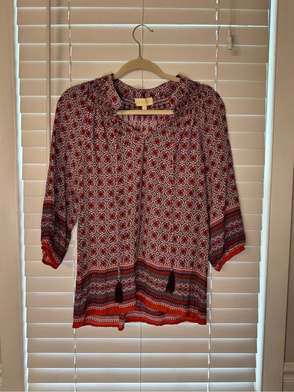 Anthropologie Red and White Patterned Boho Tie-Neck Blouse